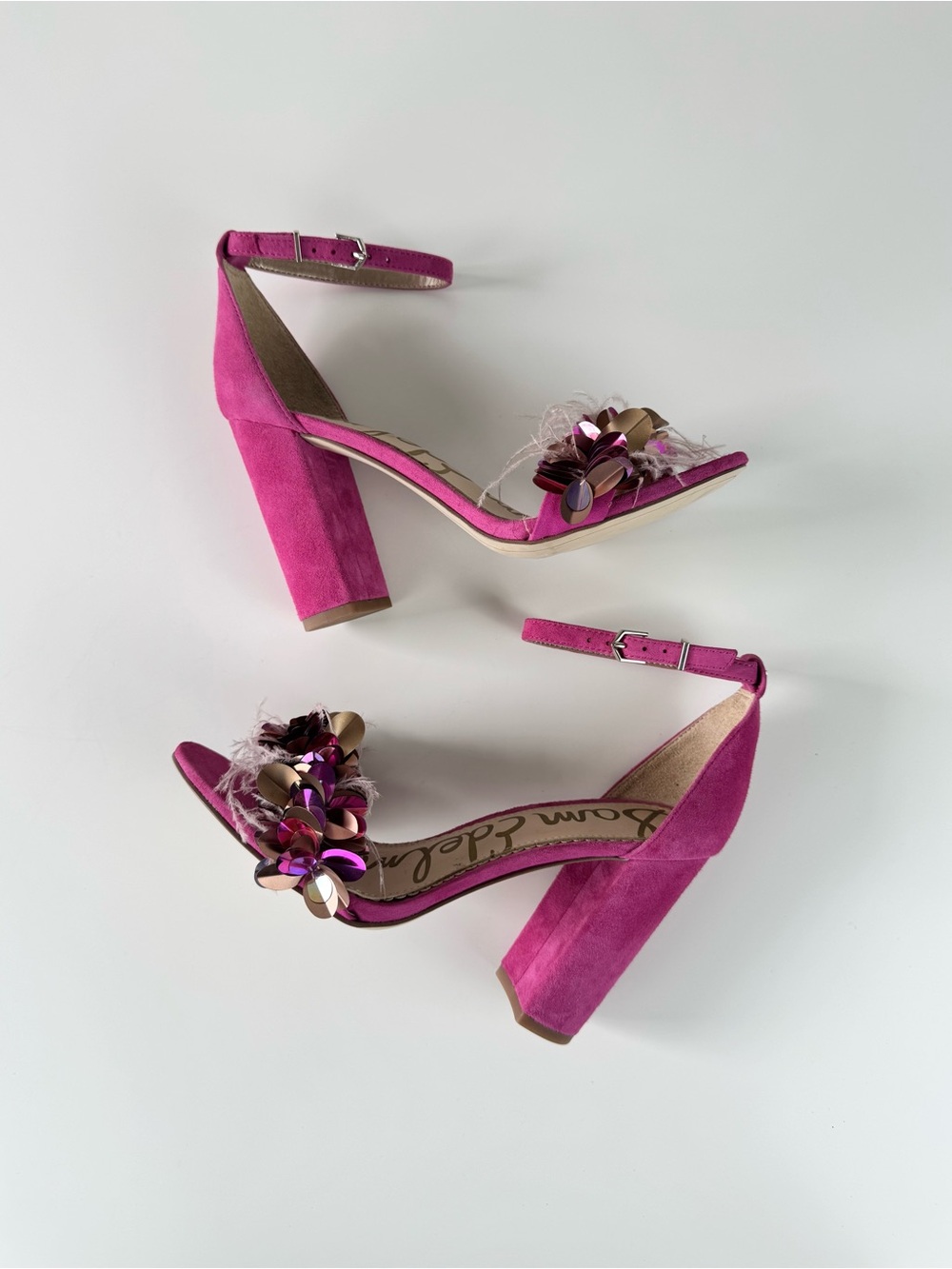 Sam Edelman Yal Heels Pink Suede, Sequins, Feathers Ankle Strap Size 7.5 - Picture 5 of 9